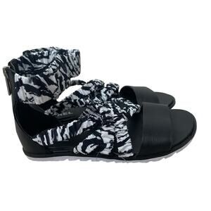 Sorel Black and White Ruched Ankle Strap Sandals